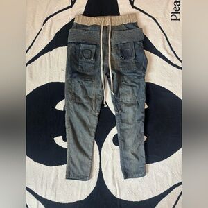 Rick Owen’s Hustler blue wash Cargo Creatch Joggers